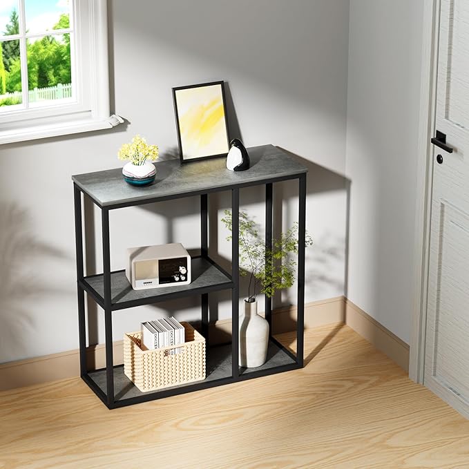 WOHOMO Console Table, 12 Inch Narrow Entryway Table with 3-Tier Storage Shelves 31.5 Inch Industrial Sofa Table Small Hallway Table for Living Room Grey