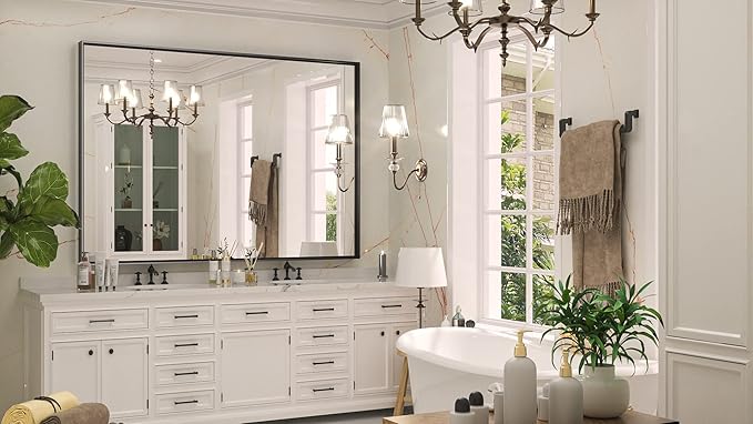 Keonjinn Black Bathroom Mirror 48 x 36 Inch, Large Rectangle Matte Black Vanity Mirrors, Square Corner, Metal Framed Rectangular Farmhouse Wall Mirror for Over Sink(Horizontal/Vertical)