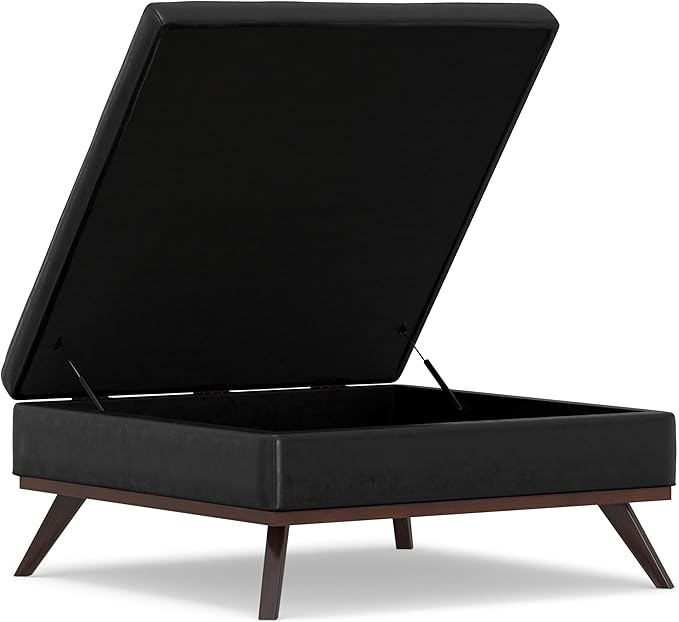 SIMPLIHOME Owen 40 inch Wide Mid Century Modern Square XL Coffee Table Storage Ottoman in Distressed Black Vegan Faux Leather, Assembled, for The Living Room, Entryway and Family Room