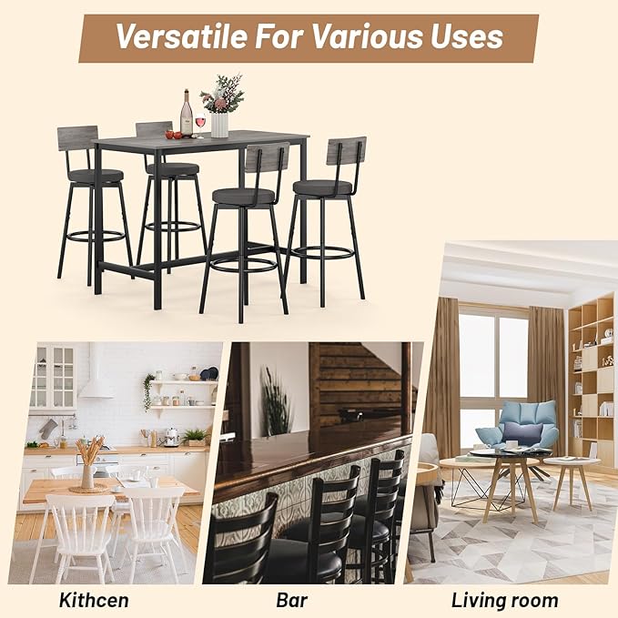 Dining Table Set for 4, 5-Piece Bar Table Set, Kitchen Table and Chairs, Counter Height High Top Table with 4 PU Upholstered Stools, Space-Saving Pub Table Sets for Small Space, Gray