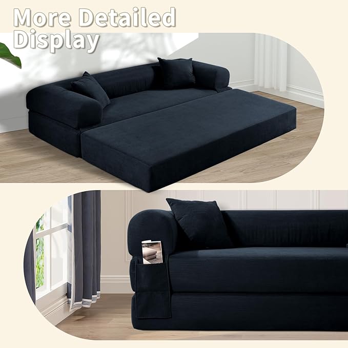 80" Convertible Sofa Bed, 3-in-1 Corduroy Folding Pull Out Couch with Pillows, No Assembly Modern Boneless Couch Compression Sofa in Box, Floor Sofa with Side Storage Pocket for Living Room,Navy Blue