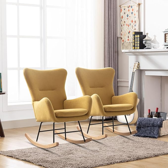Phoenix Home Rocking Chair Nursery Velvet Upholstered Glider Rocker Rocking Accent Chair Padded Seat with High Backrest Armchair Comfy Side Chair for Living Room Bedroom Offices, Yellow