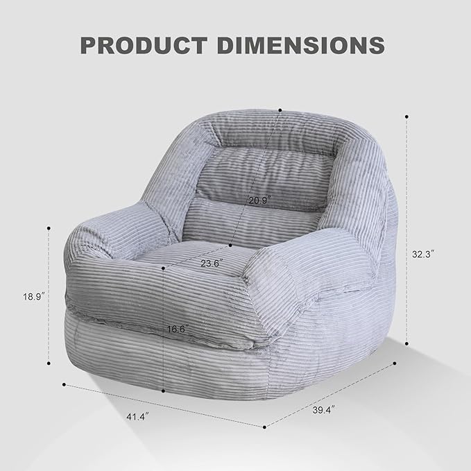Giant Bean Bag Chair with Armrests - Oversized Cozy Seating for Adults, Corduroy Fabric & High - Density Foam Filling, Ideal Lounge for Living Room, Bedroom & Gaming Room (Grey)