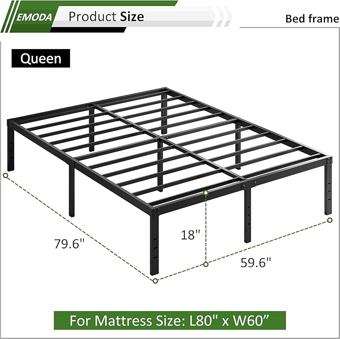 EMODA Queen Bed Frame No Box Spring Needed 18 Inch Heavy Duty Metal Tall Platform Bed Frame Queen Size with Large Storage Space, Easy Assembly, Black