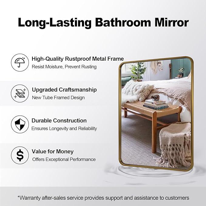 ANDY STAR Brushed Gold Mirror 40''X30'', Gold Bathroom Mirror Rounded Rectangle in SUS304 Anti-Rust Tube Metal Frame, Wall Mounted Horizontal/Vertical 1’’ Deep