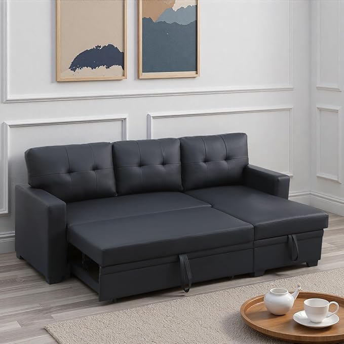 L-Shape Sofa Bed, 82" Sectional Couch with Storage Chaise, Pull Out Sleeper Sofa with Removable Back Cushions, Convertible Corner Couch for Living Room Apartment, Black