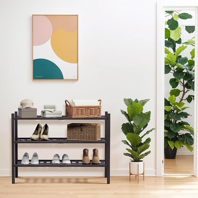Haddockway 3 Tier Bamboo Shoe Rack Storage Organizer, Multifunctional Free Standing Stackable Shoe Shelf with Grid Panel for Closet,Hallway,Entryway,Small Space 27"x11"x20" (Brown, 3 Tier)