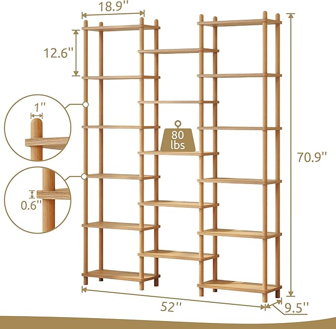 IOTXY Wooden Triple Wide Bookshelf - 6-Tier Large Shelf Bookcase with Solid Beech Frame, Tall Freestanding Open Etagere Display Rack for Home Office, Oak