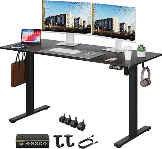 Electric Standing Desk Adjustable Height 55"x24" Stand Up Desk with Lockable Wheels Ergonomic Sit Stand Desk for for Work Office Home Computer Workstation (Black)