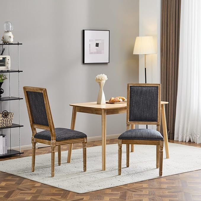 Merax Upholstered Solid Wood Dining Chairs Set of 2, French Country Style Accent Side Seating Furniture for Kitchen, Living Room, Cushioned Back, Blue Gray
