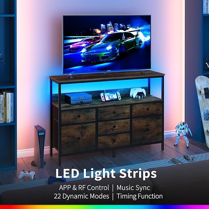 Yoobure LED TV Stand for Bedroom, 50 Inch Kids Dresser With Power Outlets, 7 Drawers Entertainment Center With Storage Shelf, Living Room Console