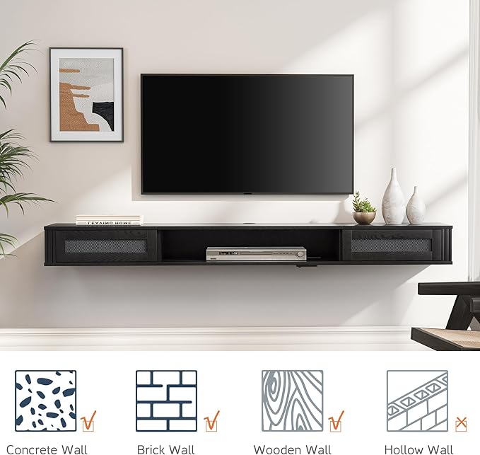 WAMPAT Floating TV Stand Shelf with Power Outlet, Mid Century Modern Wall Mount Shelf for TVs up to 80",Media Console TV Cabinet with 2 Rattan Doors