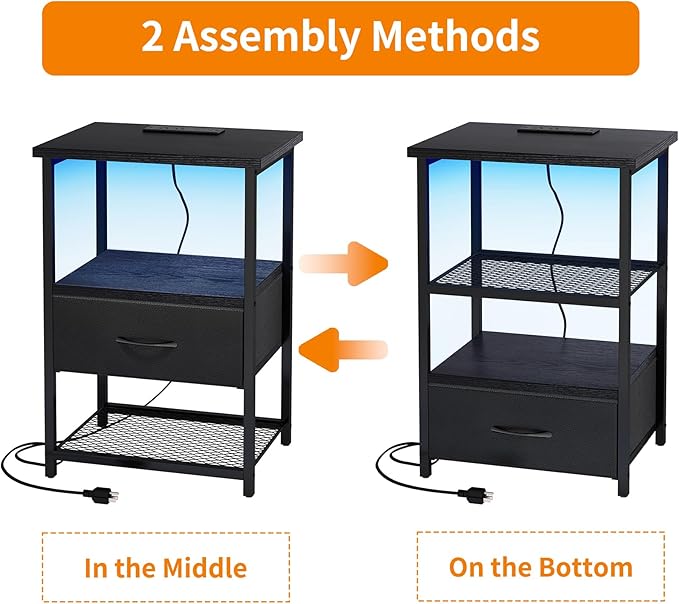 Fixwal Night Stand Set of 2 with Charging Station, LED Nightstand with Fabric Drawers, End Table with PU Finish, Bed Side Table, Black
