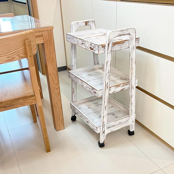 3-Tiers Ladder Shelf with Wheels, Wooden Rolling Cart,Solid Pine Wood Ladder Shelf, Side End Table for Living Room, Storage Cart Organizer for Kitchen,Studio,Classroom, Bathroom (Retro White)