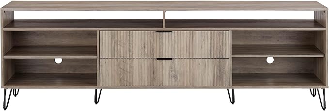 Manhattan Comfort Dumbo Mid Century Modern TV Stand for Televisions up to 80 Inches, Home Entertainment Center with Storage, 6 Shelves, 2 Drawers, No Tool Assembly, 85" Wide, Rustic Grey