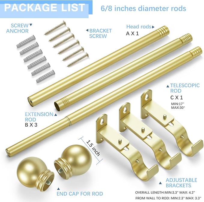 Curtain Rods for Windows 16 to 76 Inches, Curtain Rod Max Adjustable Length of 88 IN, 6/8" Diameter Drapery Rods Round Finials, Warm Gold, Pack of 1