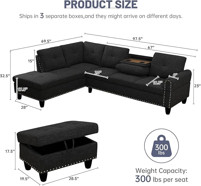 L Shaped Modular Sectional Sofa with Reversible Chaise Lounge, 5-Seater Corner Couch, Linen Upholstery Convertible Sofá w/Movable Ottoman, Cup Holders, 2 Pillows and Rivet Ornament for Living Room