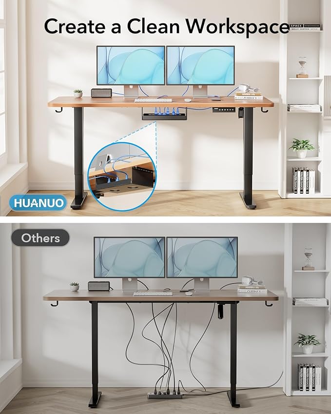 HUANUO Standing Desk Frame with 220lbs Powerful Brushless Motor, Thick T-Shaped Adjustable Desk Legs Made of Automotive-Grade Steel, for Max 75″ x 35″ Desktop, for Home Office, Black Frame Only