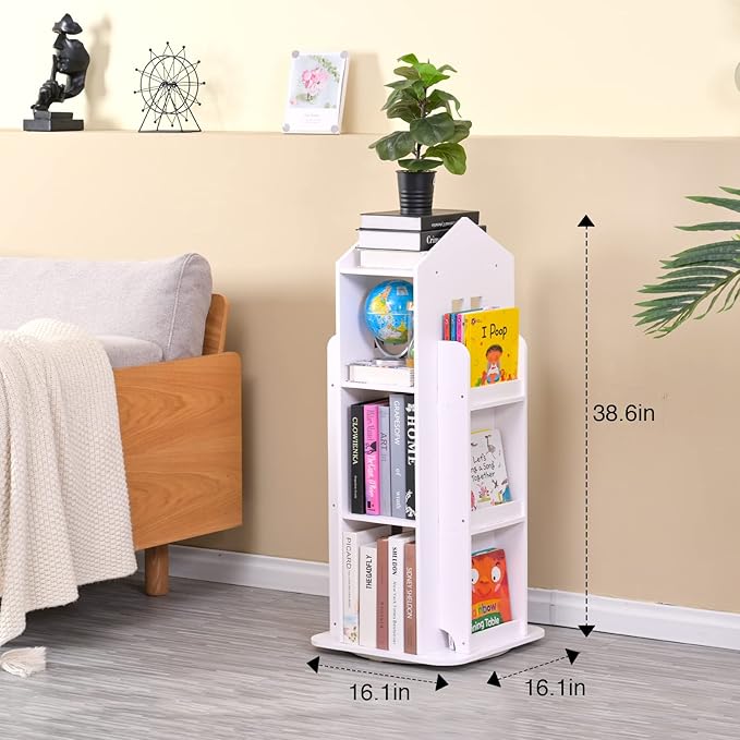 Rotating Bookshelf, 360 Display 3 Tier Floor Standing Bookcase Storage Rack, Kids Book Shelf Organizer, Small Corner Bookshelf for Small Space, for Bedroom, Living Room, White