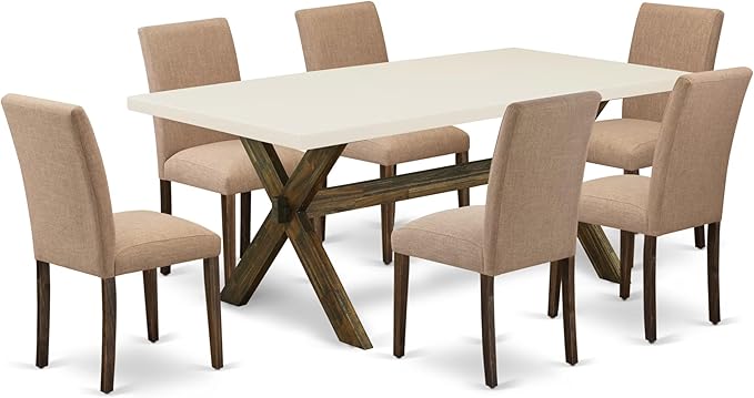 East West Furniture X727AB747-7 7 Piece Dining Room Furniture Set Consist of a Rectangle Dining Table with X-Legs and 6 Light Sable Linen Fabric Parson Chairs, 40x72 Inch, Multi-Color