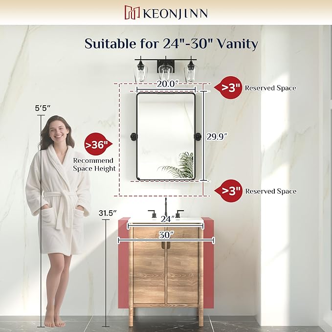 Keonjinn Black Pivot Mirror Bathrooms, 20x30 in Tilt Mirror Bathroom for Over Sink, Black Rounded Corner Farmhouse Pivot Rectangle Mirrors, Metal Framed Beveled Bathroom Mirrors (Horizontal/Vertical)