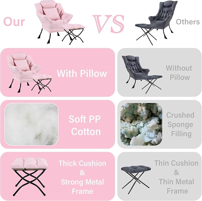 Lazy Chair with Ottoman, Comfy Reading Lounge Chair with Footstool & Throw Pillow Modern with Armrests & Side Pocket for Living Room, Bedroom, Dorm Room, Pink