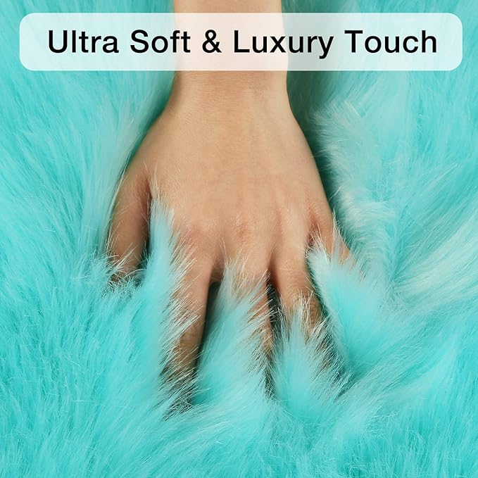 duduta Turquoise Blue Sheepskin Throw Rug 2x3 ft, Fluffy Shag Faux Fur Chair Covers Small Bedside Dorm Rug Non Slip Washable