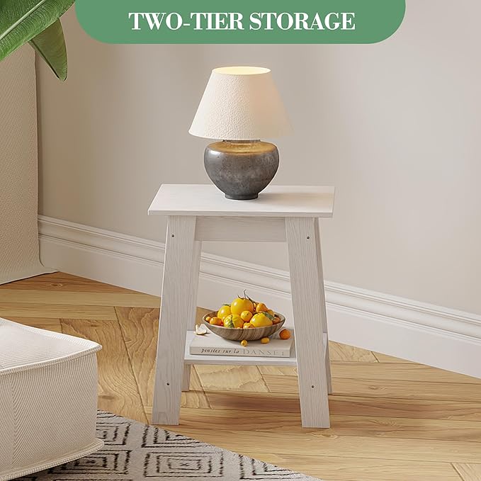 End Table with Double Storage Shelves, Small Space Side Table for Farmhouse Bedroom, Studio Apartment, Entryway， White
