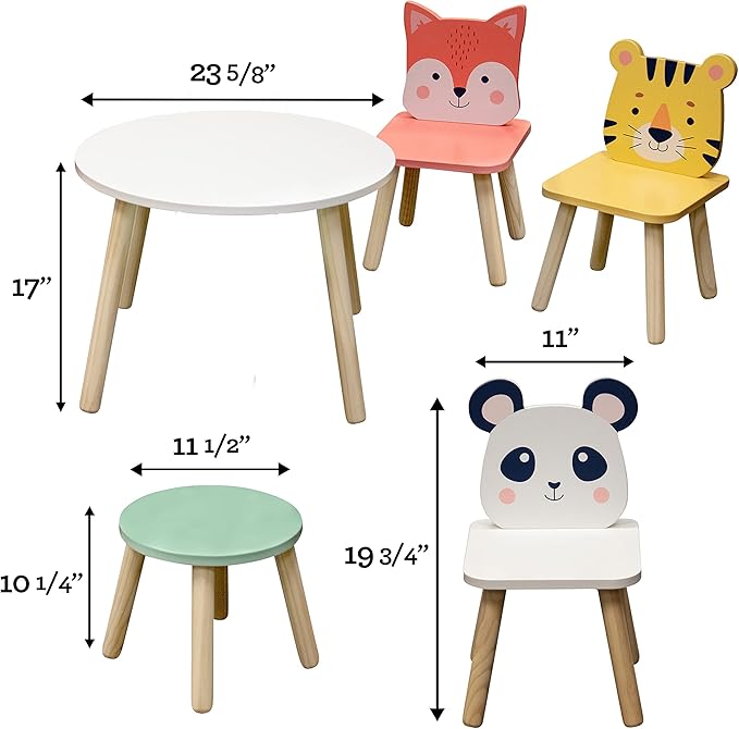 Kids Wooden Animal Table & Chair Set w 4 Seats- Tiger Panda & Fox Plus Adult Stool for Arts Crafts, Dining, Pretend Play- Durable Playroom Furniture for Home Daycare Classroom- Toddler Activity Center