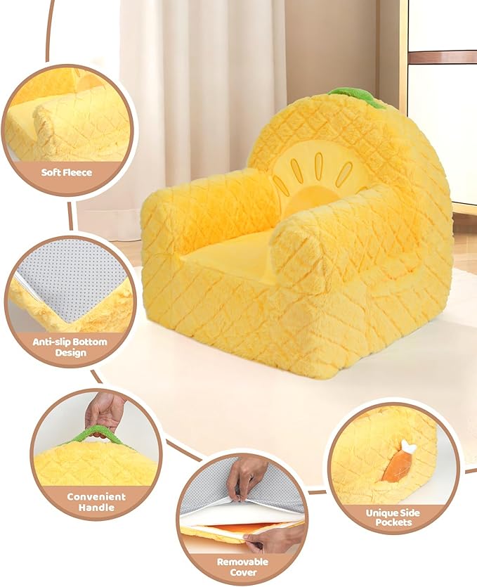 Toddler Chair, Comfy Foam Kids Couch with Soft Velvet Cover, Toddler Couch with Cute Pineapple Design for Gaming and Studying, Kids Sofa for Boys and Girls