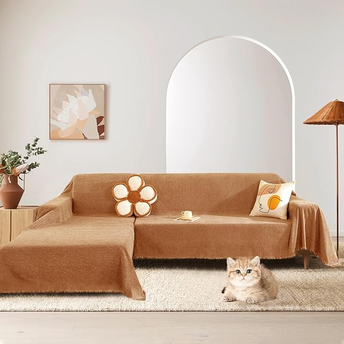 STACYPIK Orange Chenille Couch Cover for Dog, Sofa Covers for Sofa, Furniture Protector for 3 Cushion Couch, Lovetseat Cover for L Shaped, Non Slip Pumpkin Sectional Sofa Cover Pet-Friendly-91X134IN