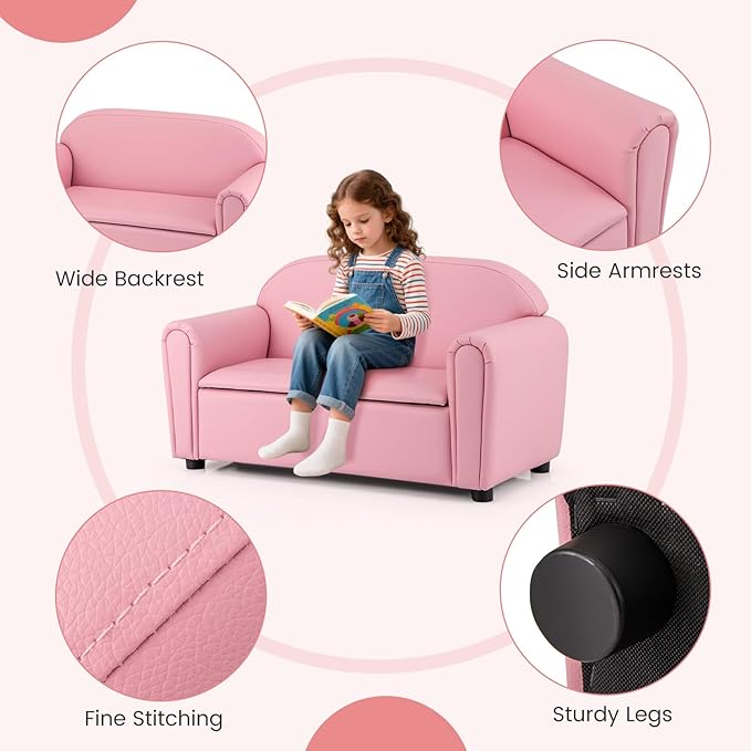 Costzon Kids Couch, 2 in 1 Double Seat Children's Sofa w/Under Seat Storage, PU Leather Surface, Toddler Armrest Chair, Kids Room, Soft Children Pink Sofa with Storage for Preschool Baby Girls Gifts