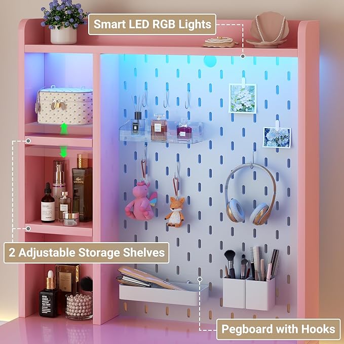 Small Vanity Desk with Hutch and Drawers, Pink Makeup Vanity Desk with Outlets, Vanity Table Dressing Table with LED Lights, Vanity Desks No Mirror with Pegboard for Girls Women, 24"