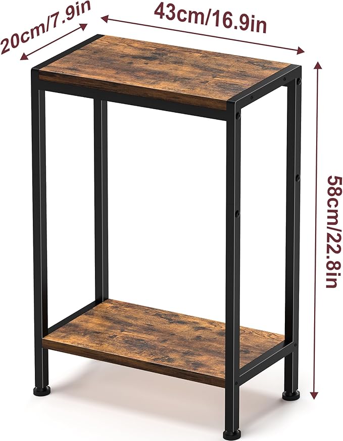 Narrow Side Table for Small Space Set of 2, 2-Tier Small End Table with Shelf Holder, Slim Nightstand, Skinny Snack Couch Table in Living Room, Bedroom, Study, Kitchen and Balcony（Rustic Brown