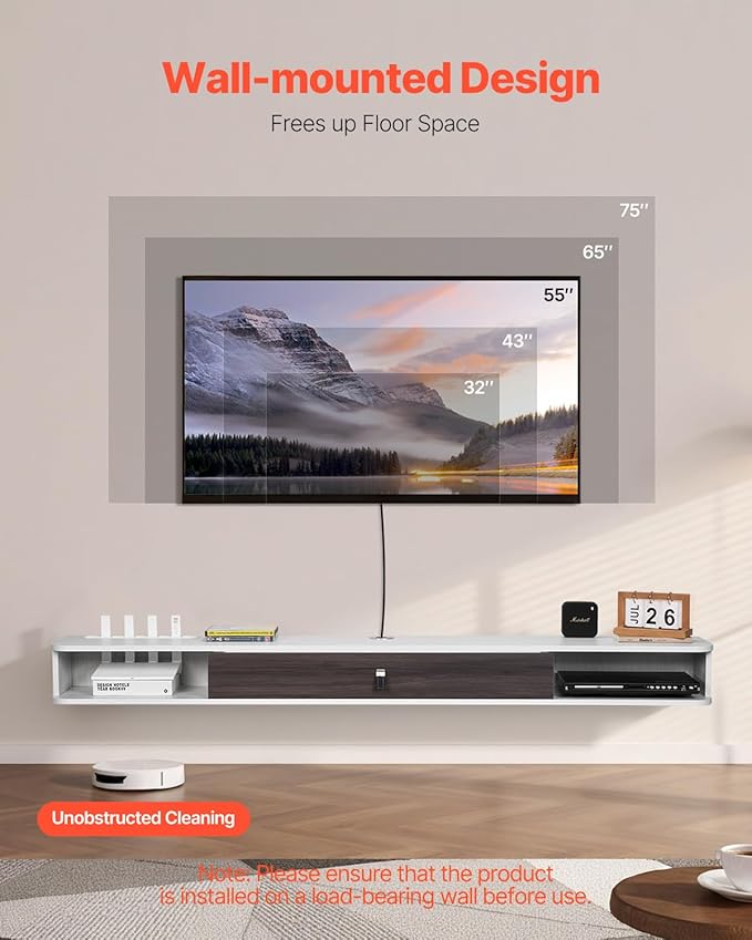 VEVOR Floating TV Stand, 70'' Wall Mounted TV Console Modern Floating Entertainment Center Under TV Shelf with Storage Cabinet, for Bedroom & Living Room, White