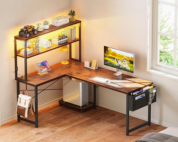 ODK 53 Inch L Shaped Desk with LED Lighting, Reversible Gaming Desk with Power Outlets, Cornor Computer Table with Storage Shelves & Bag & Iron Hook, Home Office Table for Writing, Study, Vintage