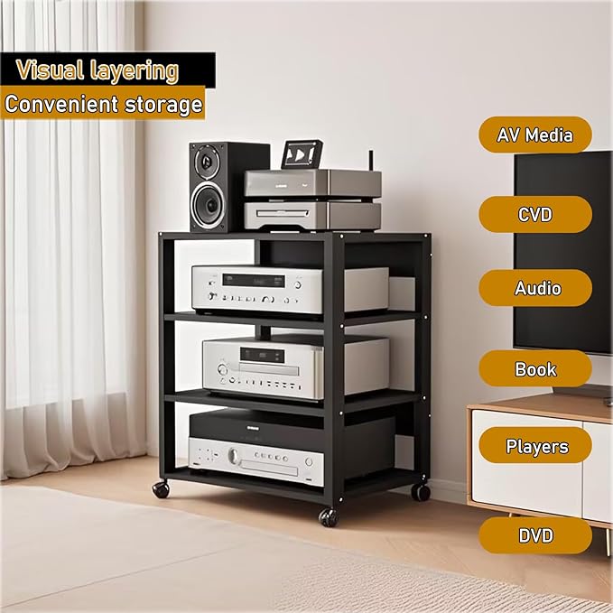 4 Tier Audio Rack Tower, CD Record Player Stereo Receiver AV Equipment Cabinet Display Rack, Weight Capacity 220 lbs, with Adjustable Wooden Shelves for Home (Black, 4tier)