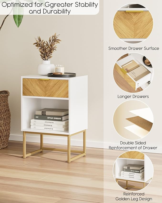 Nightstand, Boho Night Stand Wood Farmhouse Bedside Table with Storage, End Side Table for Bedroom,Living Room,White