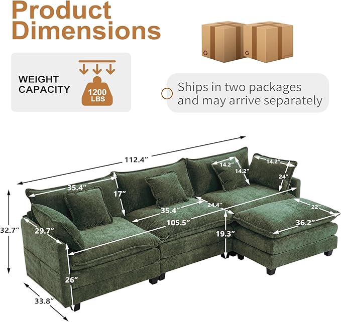 Furniliving 112‘’ L-Shaped Sofa, Luxury Chenille Modular Sectional Couches with Ottoman, Upholstered Deep Seat Sleeper Sofa with Memory Foam and Waist Pillows, Green