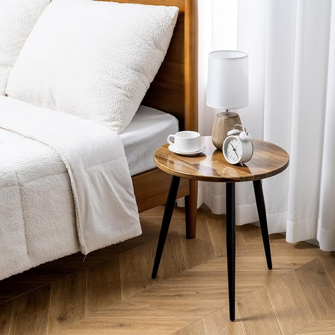 MyGift 20.5 Inch Mid Century Round End Table, Premium Acacia Solid Wood Accent Side Table with Black Metal Tapered Legs