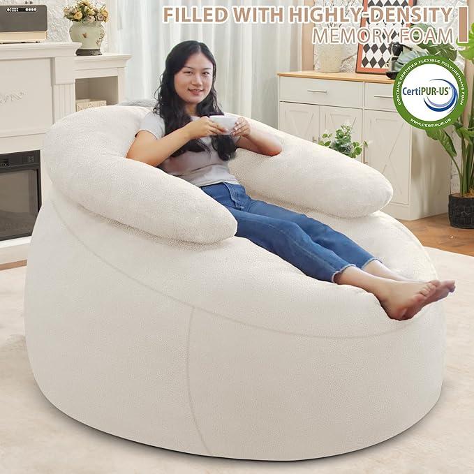 HABUTWAY Bean Bag Chair with U-Shaped Pillow for Adult and Kids Big BeanBag Chair with Filling Ultra Soft Teddy Fleece Couch Chair with Washable Cover for Living Room Bedroom Office, Beige & Beige
