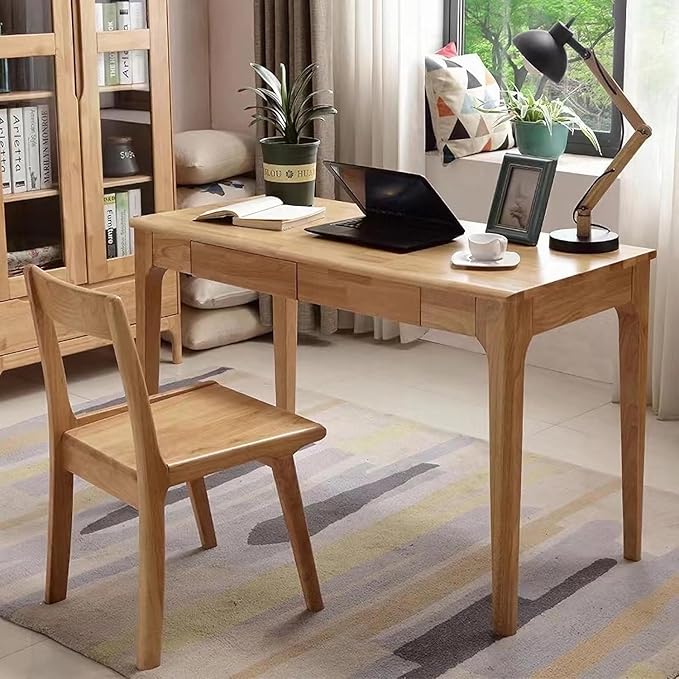 Solid Wood Desk with Drawers, Small Computer Desk for Small Spaces, Gaming Study Home Office Desks for Work, Student PC Desk for Bedroom, Escritorios para Cuartos (Wood Color, 39inch)