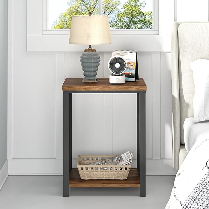 FOLUBAN Small End Table, Rustic Wood and Metal Side Table with Storage, Modern Night Stand for Living Room Bedroom Office, Walnut