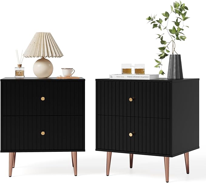 Black Night Stand Set 2,Modern Bedside Table with 2 Drawers Storage,Fluted Nightstand and Wood End Side Table with Rose Gold Metal Legs and Handles for Bedroom,Black