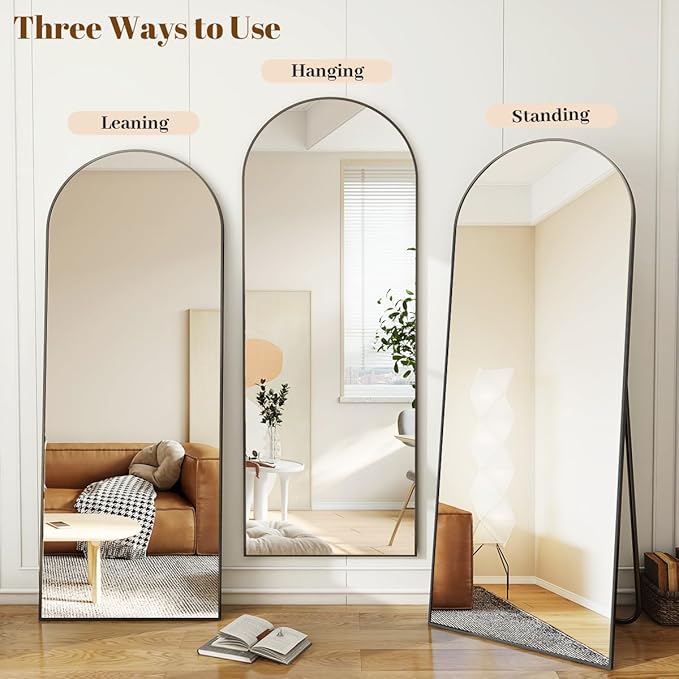 Koonmi Arched Full Length Mirror, 64"x21" Black Standing Hanging or Leaning Full Body Mirror with Aluminum Alloy Frame for Living Room and Bedroom