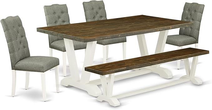 East West Furniture V077EL207-6 6 Piece Dining Set Contains a Rectangle Dining Room Table with V-Legs and 4 Gray Linen Fabric Parson Chairs with a Bench, 40x72 Inch, Multi-Color