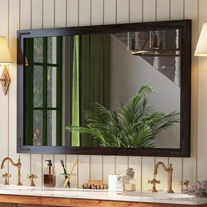 VocalStar Black Wood Framed Mirror 48 x 32 Inch, Rustic Natural Black Wooden Rectangle Bathroom Vanity Wall Mirror for Farmhouse Boho Decor, 1/4-inch Shatterproof Glass | Waterproof