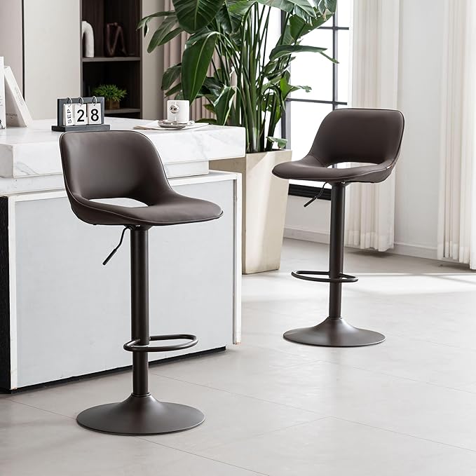 YOUNIKE Bar Stools Set of 2 Modern Swivel Barstools, Adjustable Counter Height Bar Stools Faux Leather Upholstered Counter Stools with Hollow Back for Kitchen Island, Brown
