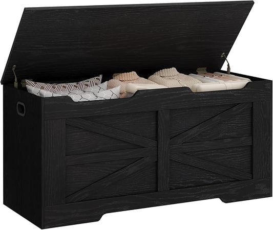 39.4" Storage Chest, Extra Large Storage Trunk with 2 Safety Hinges, Wooden Box Bench, Lift-Top Organizer Chest, Shoe Bench for Entryway, Bedroom, Living Room, Black SB03404X