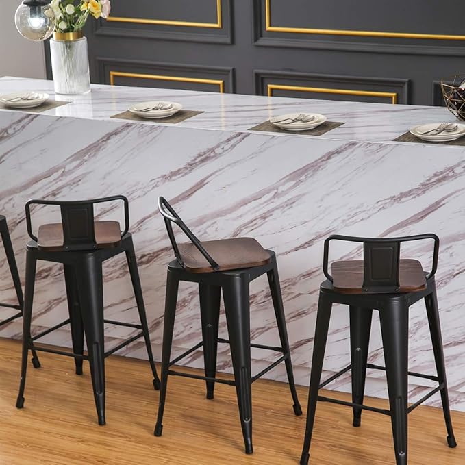 26 Inch Swivel Bar Stools Set of 4 with Backs Counter Height Industrial Metal Barstools Island Bar Chairs for Home Kitchen Dining Room (Swivel 26 inch,Matte Black Wooden)